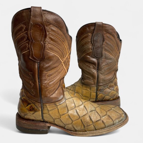 Reywelt Leather Square Toe Pirarucu Fish Pattern Western Cowboy Boots Men's 7.5 - Picture 1 of 13